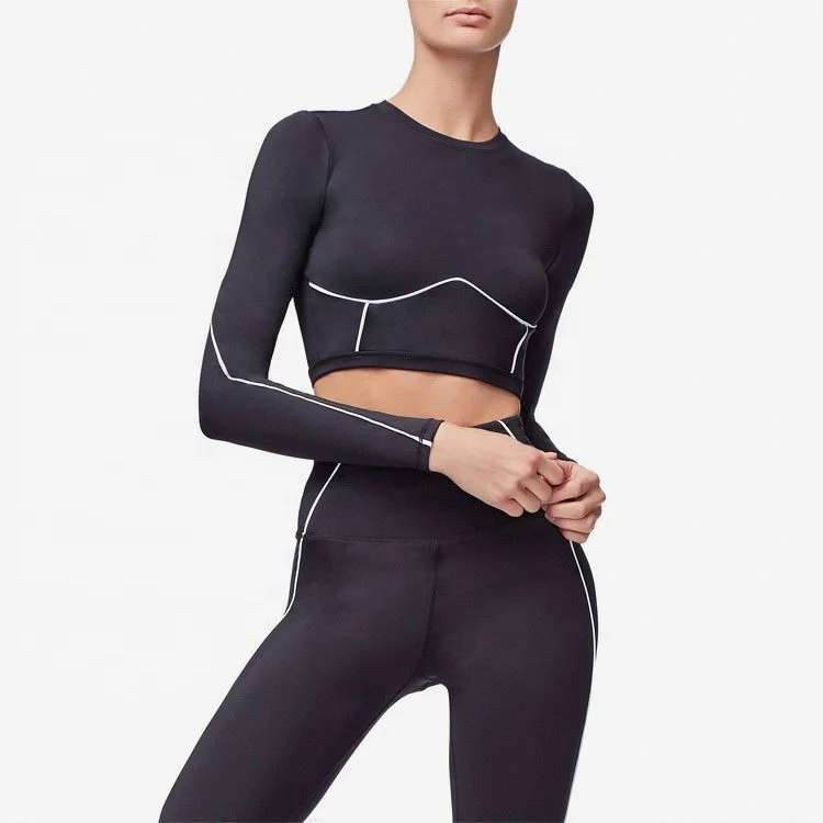 Custom logo gym wear women black 2 pieces yoga wear set activewear wholesale private label fitness sets