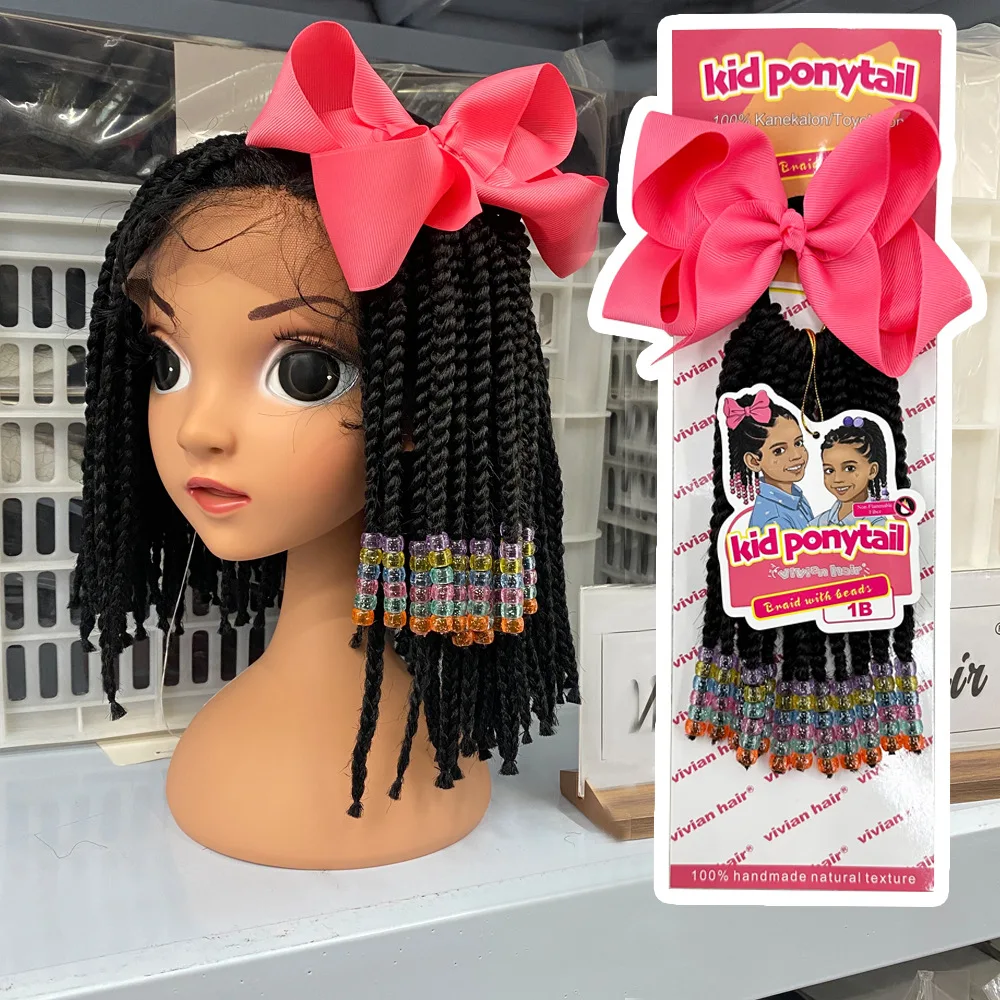 New kids box braid ponytail little girls braided ponytail with beads and bow hair braid with beads holder for kids