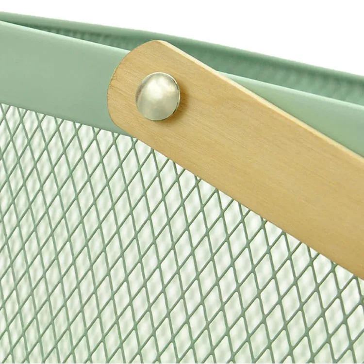 Mesh Steel Storage Organizer Basket Multi Functional Metal Wire Hanging Kitchen Baskets Fruit Basket With Bamboo Handle