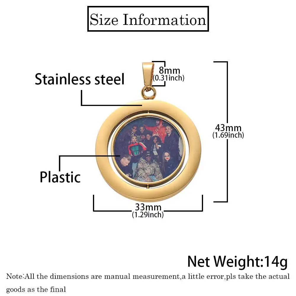 Hip Hop Stainless Steel Double-Sided Rotating Circular Photo Pendant DIY Creative Photo Frame Necklace Jewelry