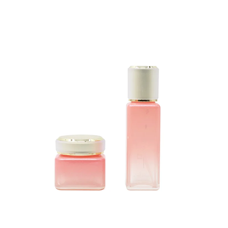 Top quality square pink cosmetic container glass bottles and fase mask jars