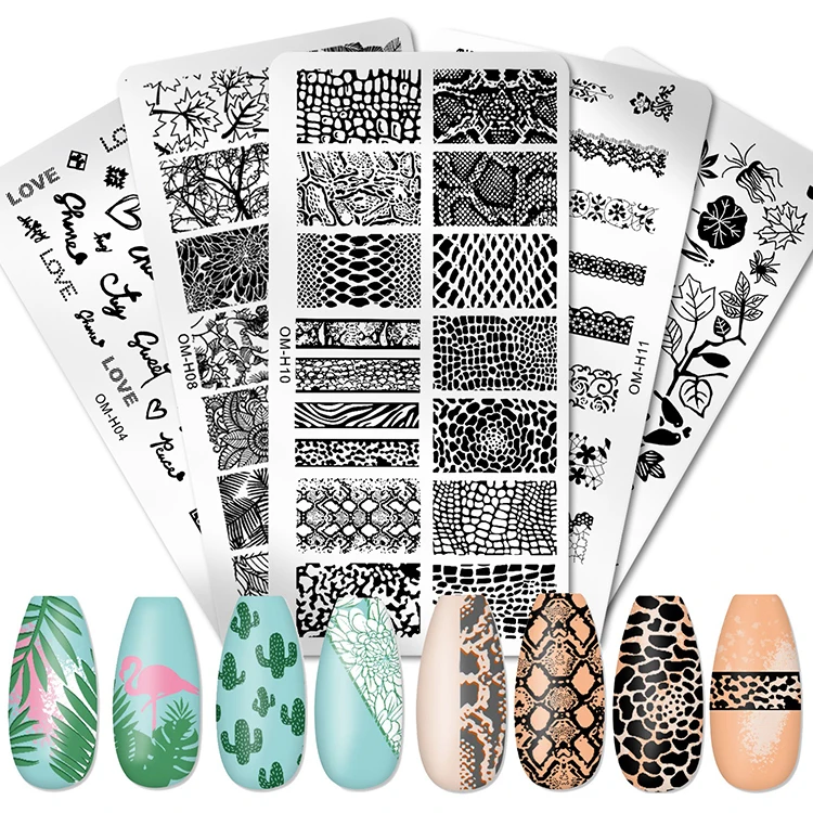 Nail Stamping Plates with Snake Leopard English Letter Love Heart Leaves Flowers Design Nails Art Stencil Stamp Tools