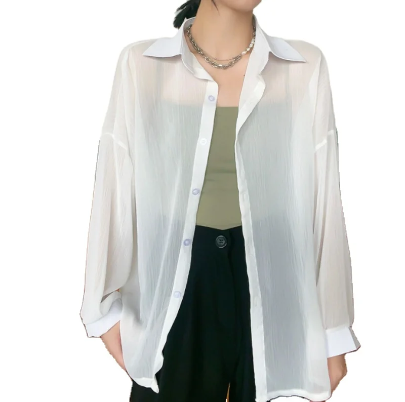 Summer sunscreen shirt women chiffon light breathable long-sleeved plus size solid color blouses