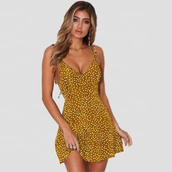 Summer V Neck Mini Dress Printed Polka Dot Floral Ladies Dress Casual Chiffon Sleeveless Summer Dress