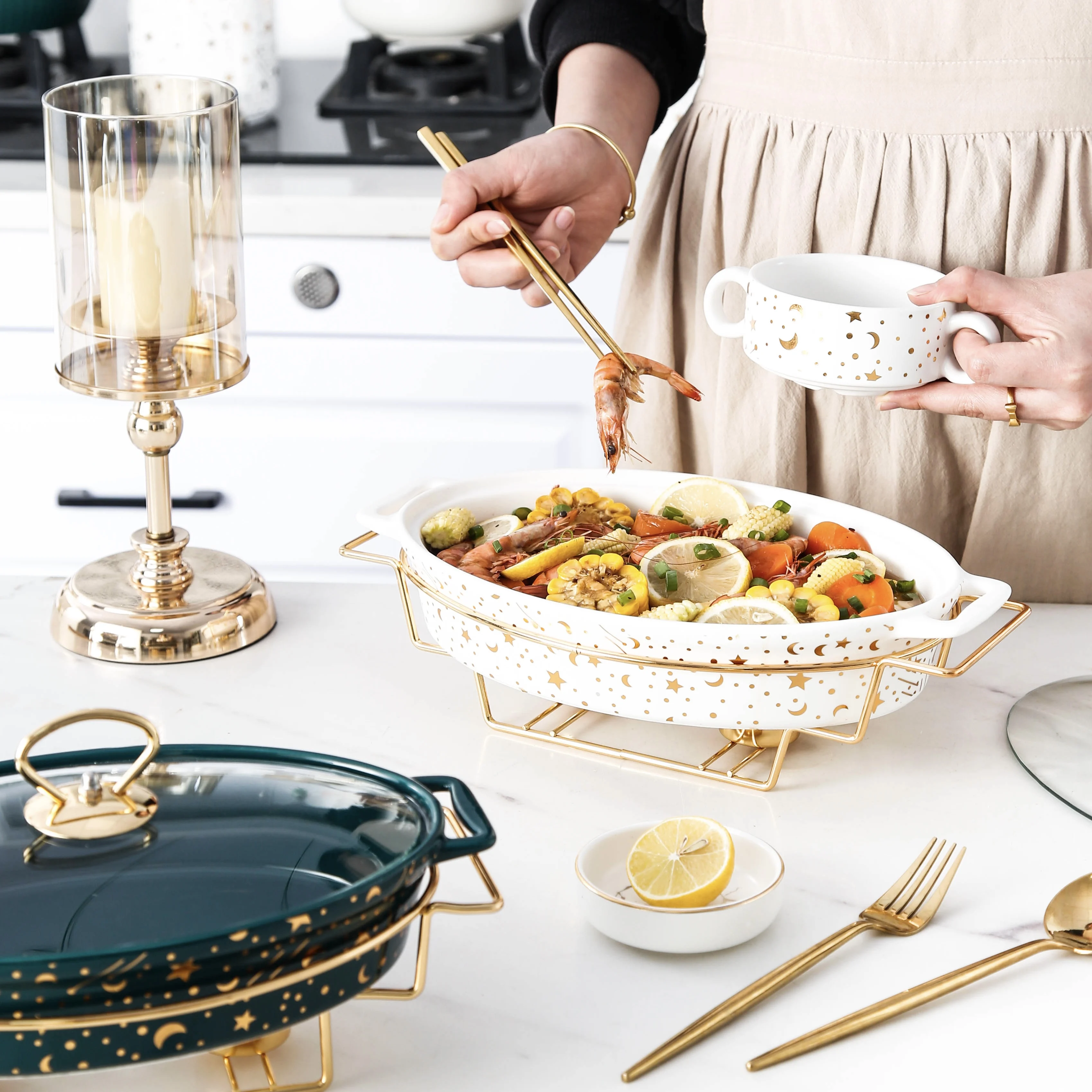 Marble Gold Pattern Nordic Binaural Ceramic Pot soup Pot Bowl Tableware Creative Casserole