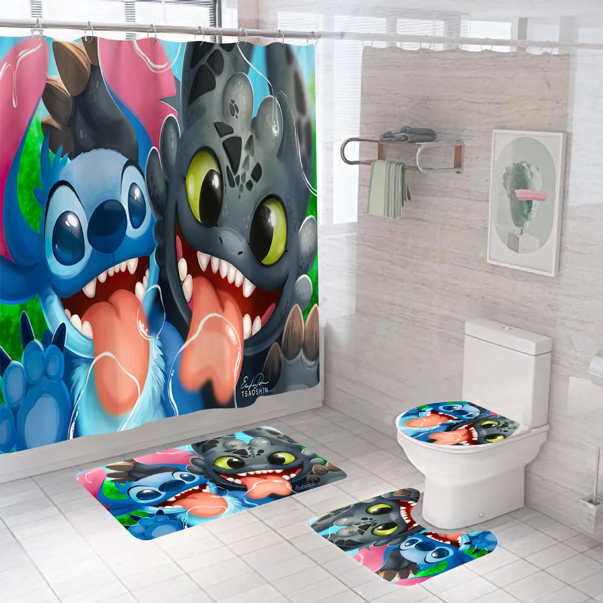 Customs Cartoon Stitch Bathroom Set Polyester Shower Sets Curtain and Bath Rug Ornate Cartoon Decor for Bathroom Decor