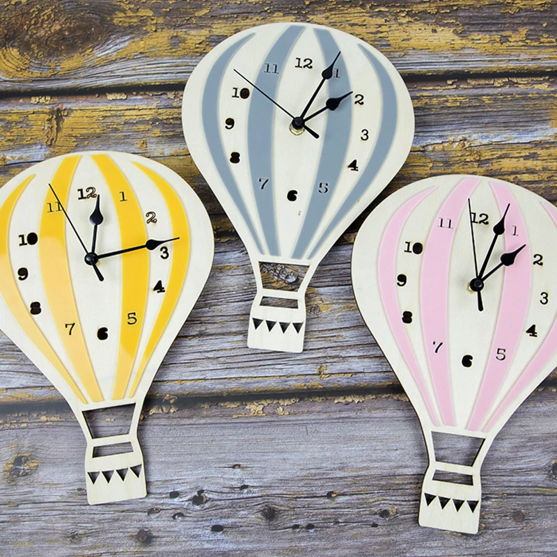 INS Nordic Air Balloon Design Cute Cartoon Baby Room Home Decor Hanging Wood Wall Kids Alarm Clock