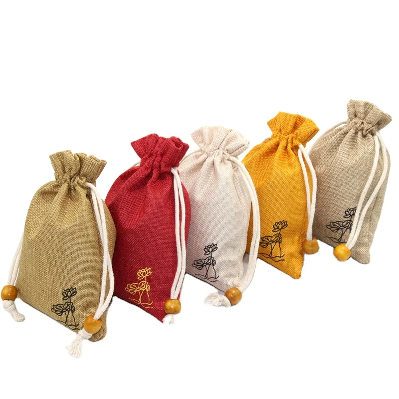 B159 Custom Logo Printed Burlap Hessian Coffee Christmas Gift Drawstring Jute Gunny Pouch Brown Cotton String Jute Bag