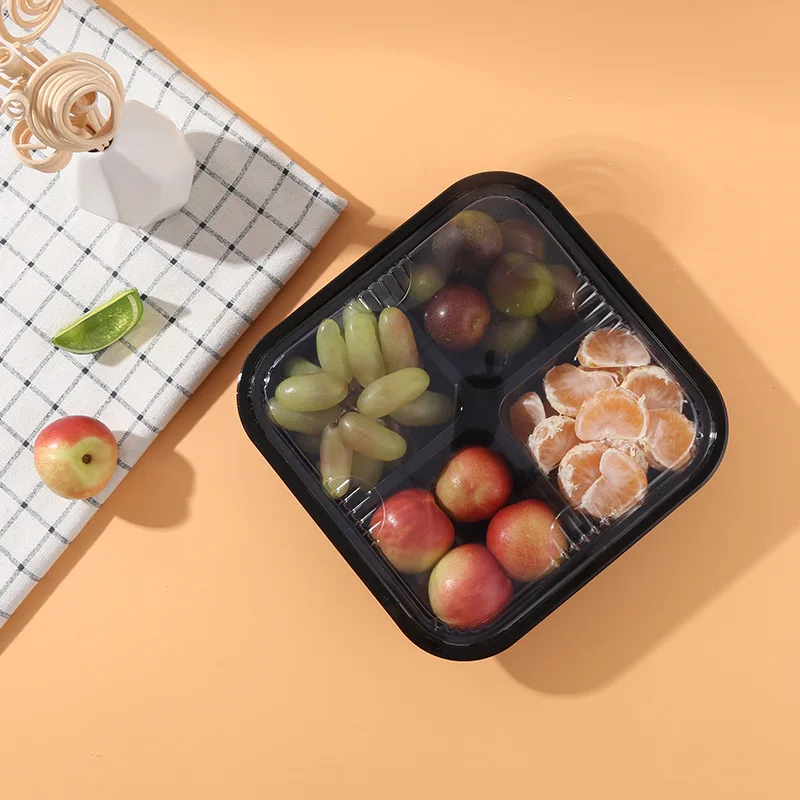 BPA  free disposable food RPET plastic box black take away fruit box 4 compartment tray container with clear lid