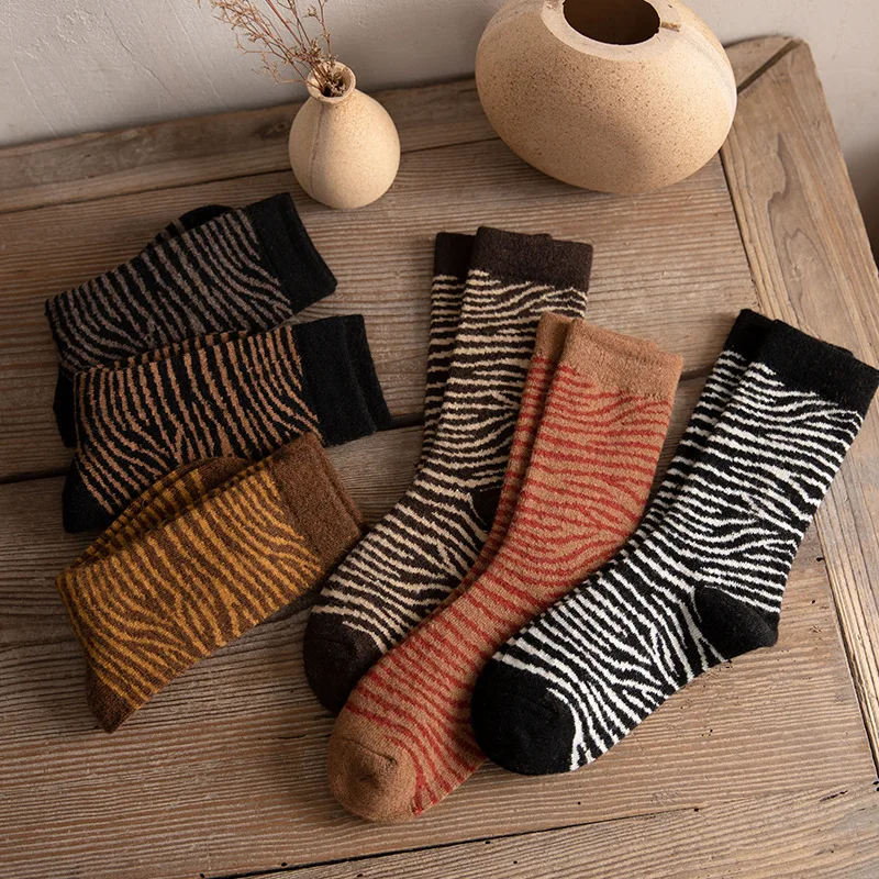 Autumn Winter Thicken Wool Warm Stockings Fashion Zebra Stripes Women Fluffy Warm Wool Socks