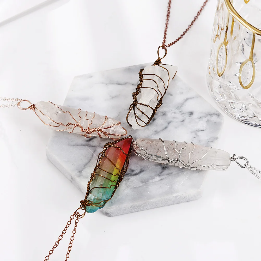 Natural Crystal Big Pendant Reiki Chakra Yoga Tree Of Life Rose Gold Color Handmade Wire Wrapped Pendant For Necklace