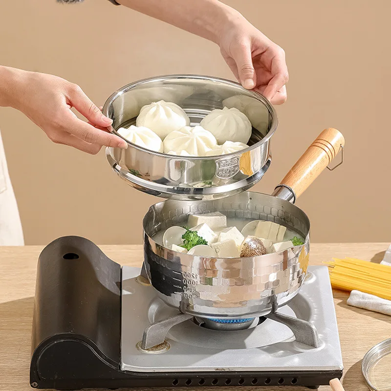 430 Stainless Steel Traditional Japanese Pot Saucepan Wooden Handle Milk Pan For Heating And Melting Nonstick Pan