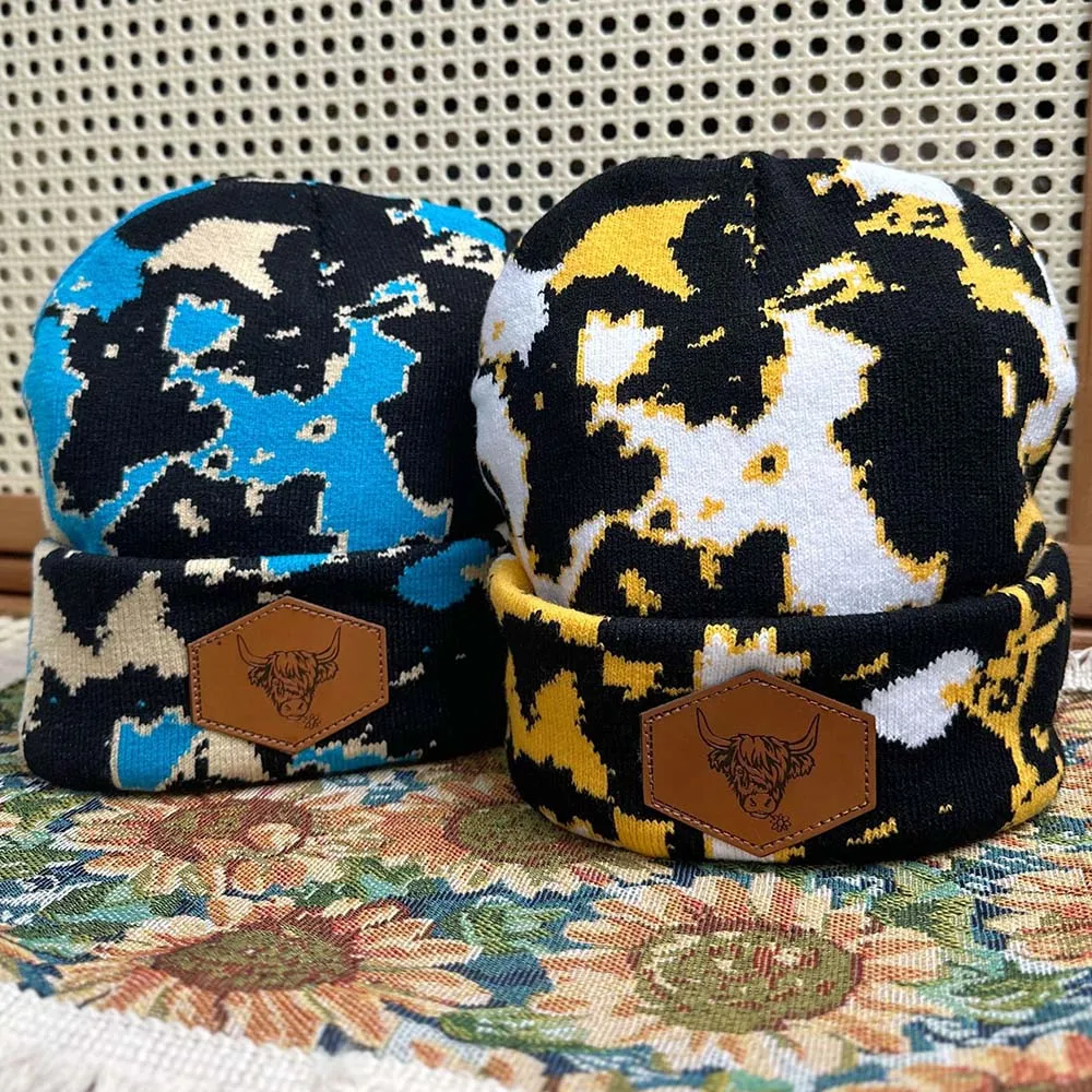 fashion acrylic Cow print Highland Cow Beanie winter thick knit beanies cow girl hats with custom logo patch