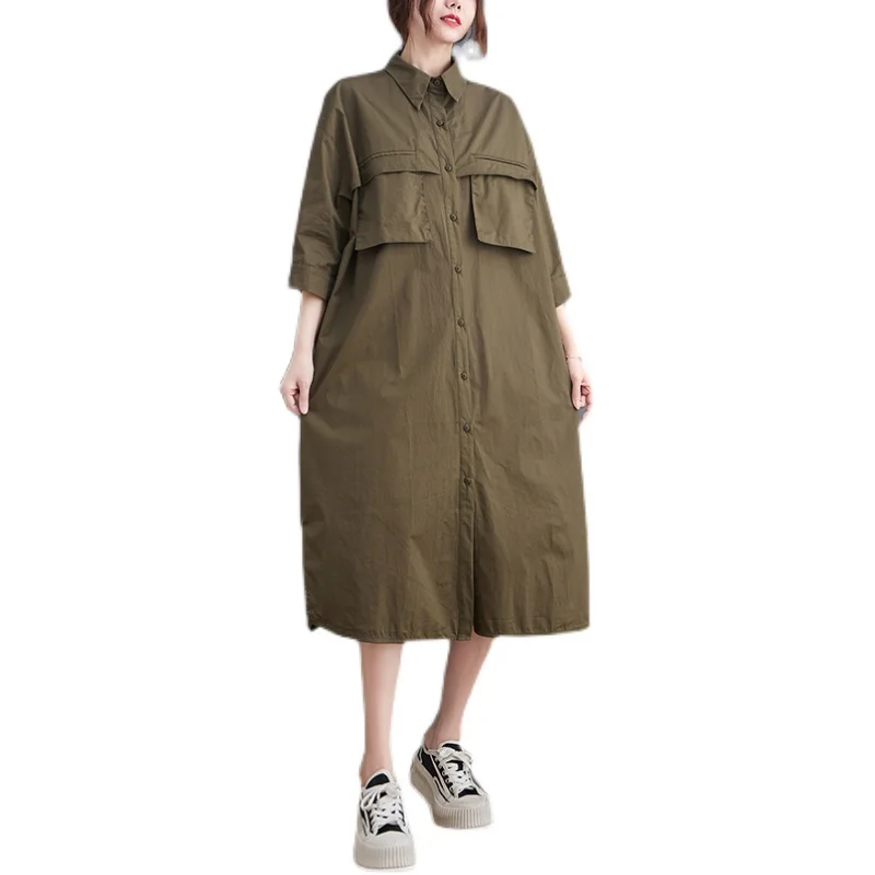 Chic Loose Turn Down Overall Dress Korea Fashion Front Pockets Short Sleeve Linen Cotton Office Work Dresses Women Office Ladies