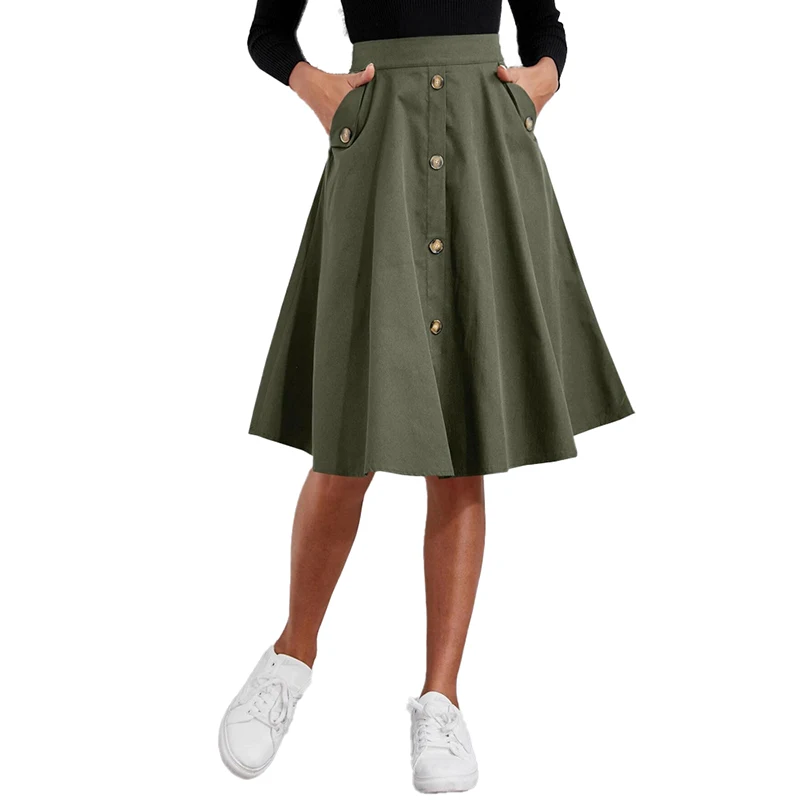 Wholesale custom OEM high quality Womens dress hot models pockets buttons waisted elegant umbrella skirt French Midi skirt