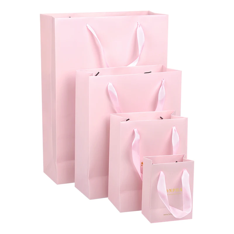 Boutique Bolsa De Papel Pink Printing Paper Shopping Bag With Ribbon Handles Clothing Packaging Custom Logo Paper Bags