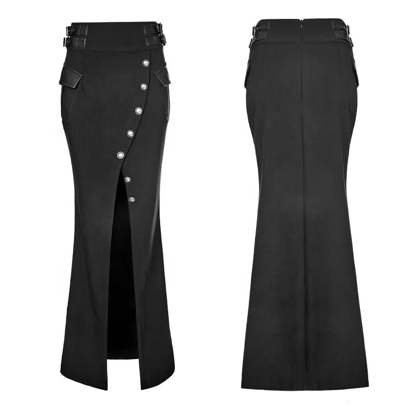 PUNK RAVE WQ-357 Original Design Victorian High PU Waist Long Fitted Black Millitary Women Dress