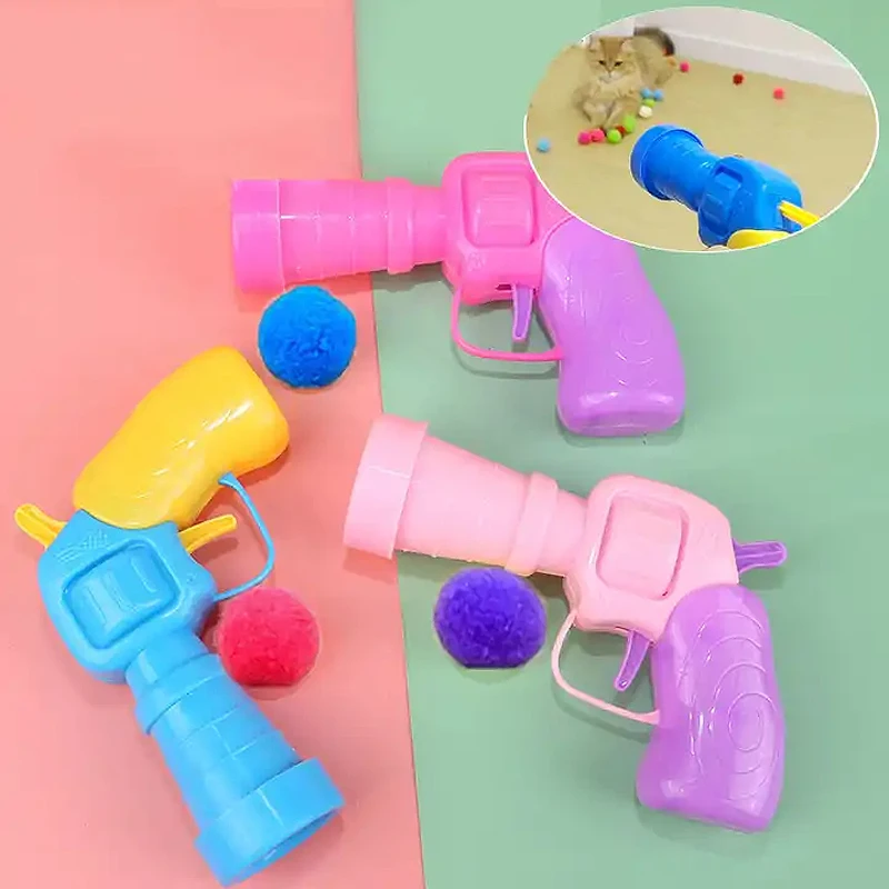Cat Plush Toy Launching Gun Micro-elastic Soft Fuzzy Cat Toy Balls with Launching Gun  Chew Ball Pet Cat Scratcher Toys