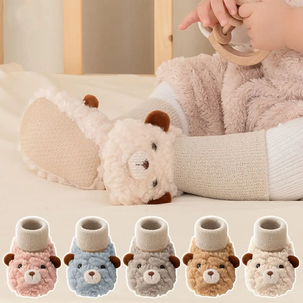 Winter Thicken Cashmere Soft Warm Infant Shoes Socks Fancy Cartoon Bear Dolls Anti Slip Baby Floor Socks