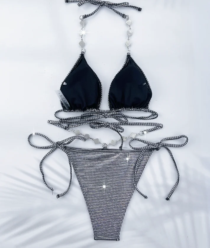 New STOCK Ties Details Metallic Beachwear Jewel Bikini Set Women Holographic Mini Swimsuit