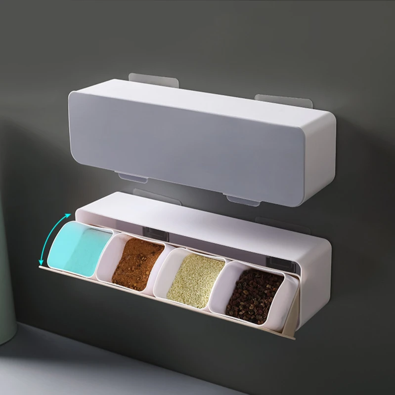 Кухонная Водонепроницаемая коробка-раскладушка без перфорации с креплением на стену, коробка для приправ с четырьмя ячейками, коробка для хранения приправ