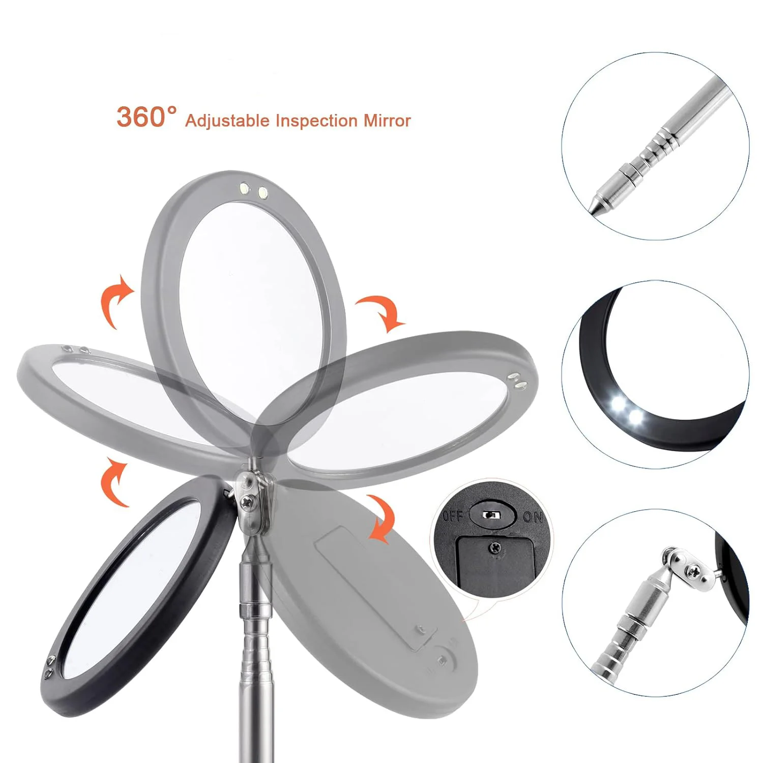 Round mechanics extendable Mirror on a stick telescopic home Inspection mirror Tool with bright led lights