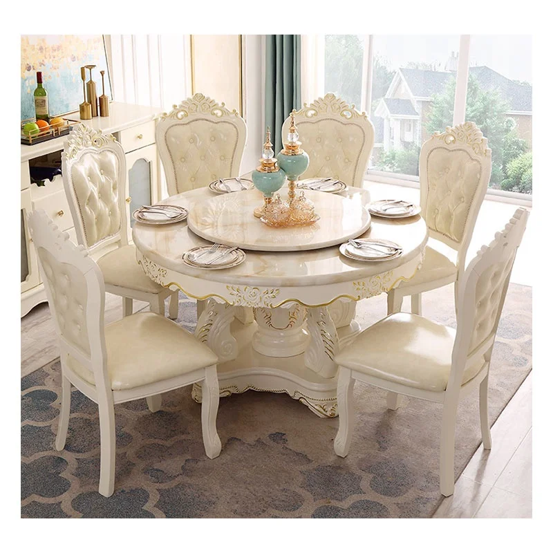 
Modern Luxury Beautiful Solid Wood Furniture 6 Seater Chiars Carve Marble Round Dining Table Set  (1600112461639)