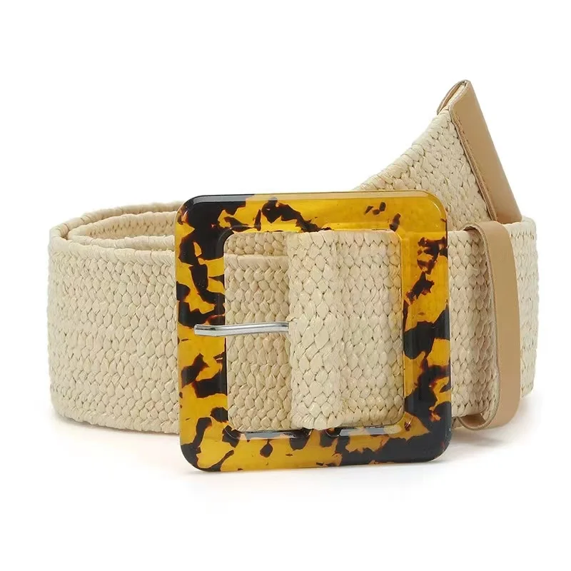 Новый женский эластичный широкий пояс из соломы с леопардовым принтом на пуговицах