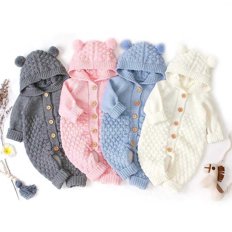 Newborn Infant Knit Onesie Toddler Sweater Jumpsuit Winter Clothes Hooded Baby Romper Full OEM Service Unisex Button Not Support