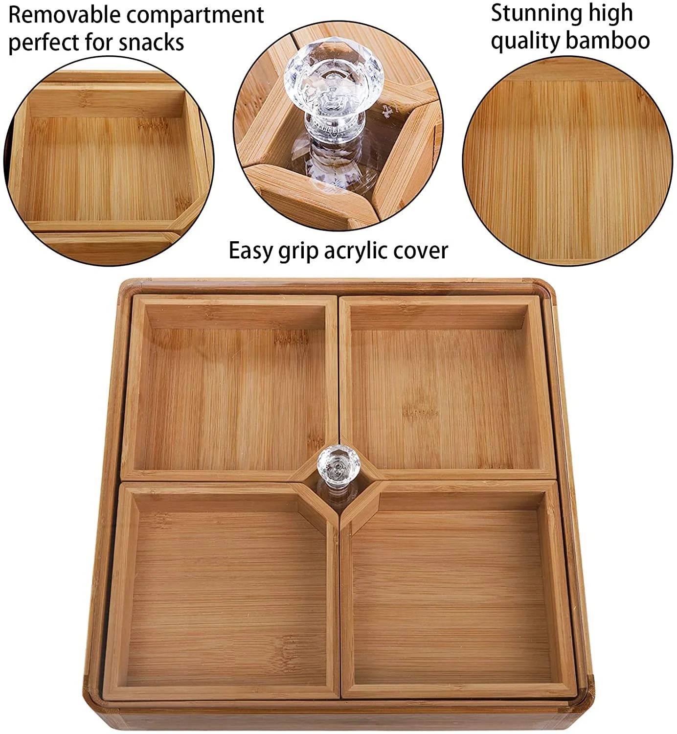 Custom High-quality square Bamboo Candy and Dried Fruit Tray Snack Storage Box Wood Boxes