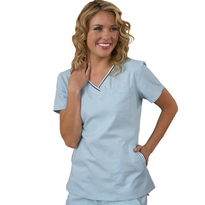 Women Nursing Hospital Uniform Rib Crew Neck Three Pocket Custom Made Nurses Scrub Top