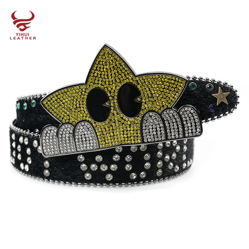 Custom fur belt body rivet BB belt strap designer shiny star buckle diamond studded black rhinestone belts strap for men women