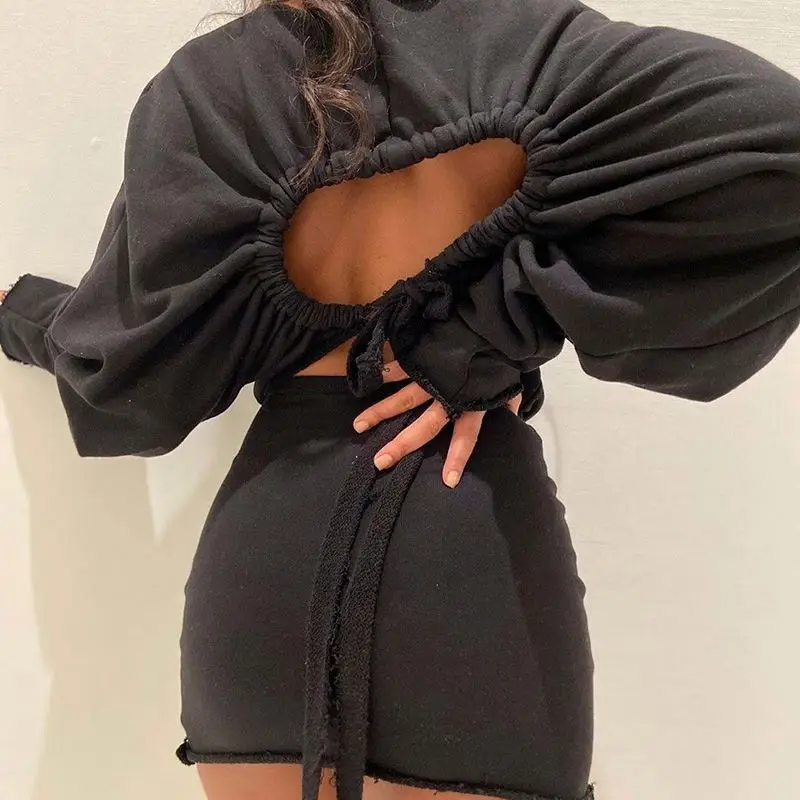 
Winter Women Apparel Casual Style Women Backless Dress 2021 Long Sleeve Women All Match Dress Mini Pencil Autumn Plain Dyed 