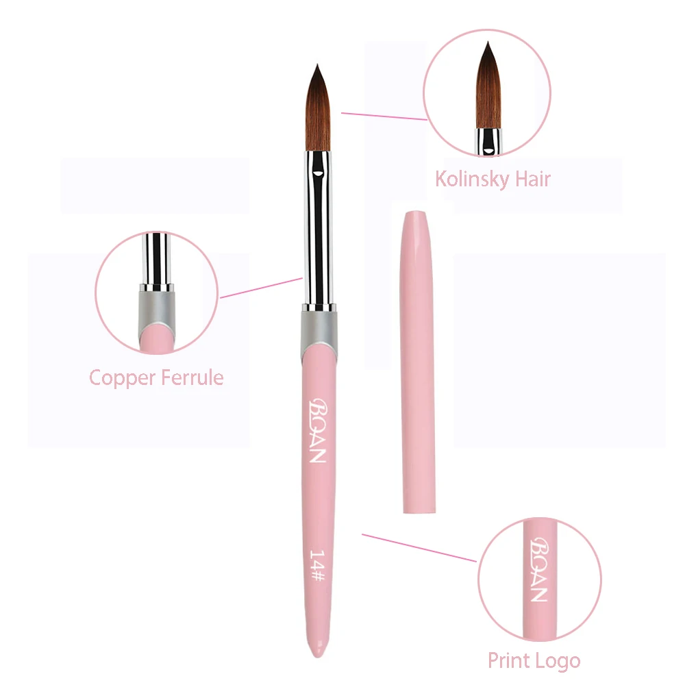BQAN Пользовательский логотип розовая металлическая ручка 3D кисть для дизайна ногтей 100% чистый Kolinsky соболиный волос Акриловая кисть для ногтей