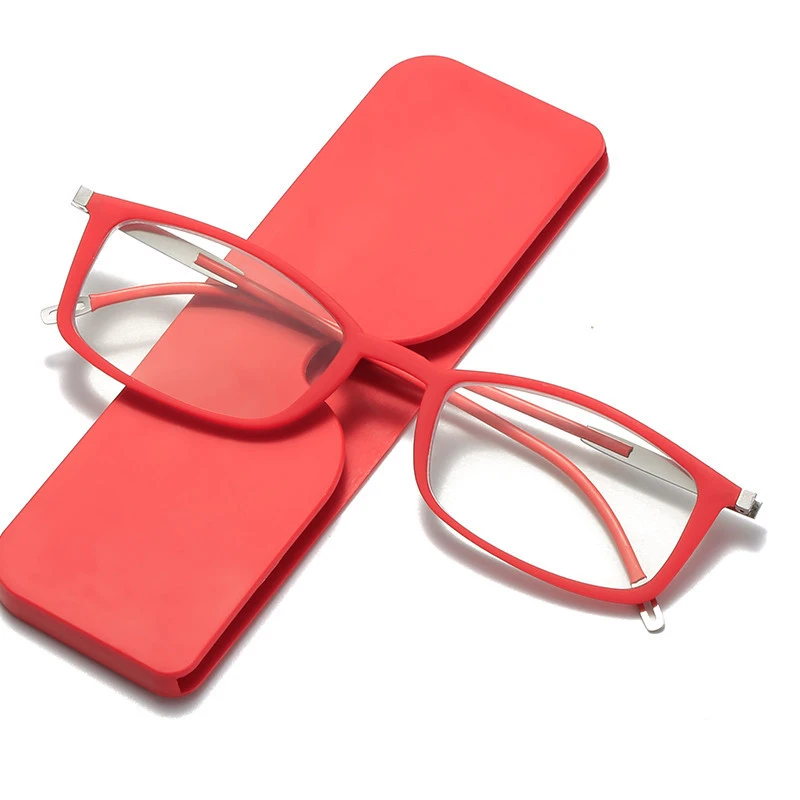 fashion portable square red prescription thin presbyopic women men anti blue light reading glasses with case