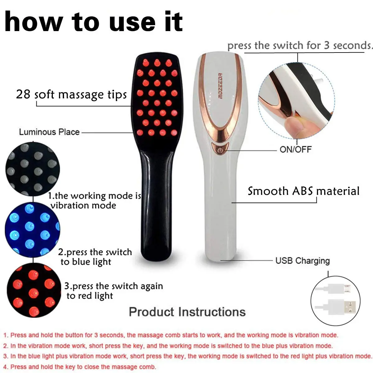 Home Electric Laser Hair Growth Comb anti Hair Loss Massage Therapy Infrared Red Light Vibration Hair Massage Brush