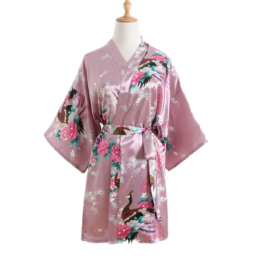 Artificial Silk Robe Ladies Short Peacock Kimono Luxury Nightgown Made in China Superior Quality Summer Women Breathable V-neck
