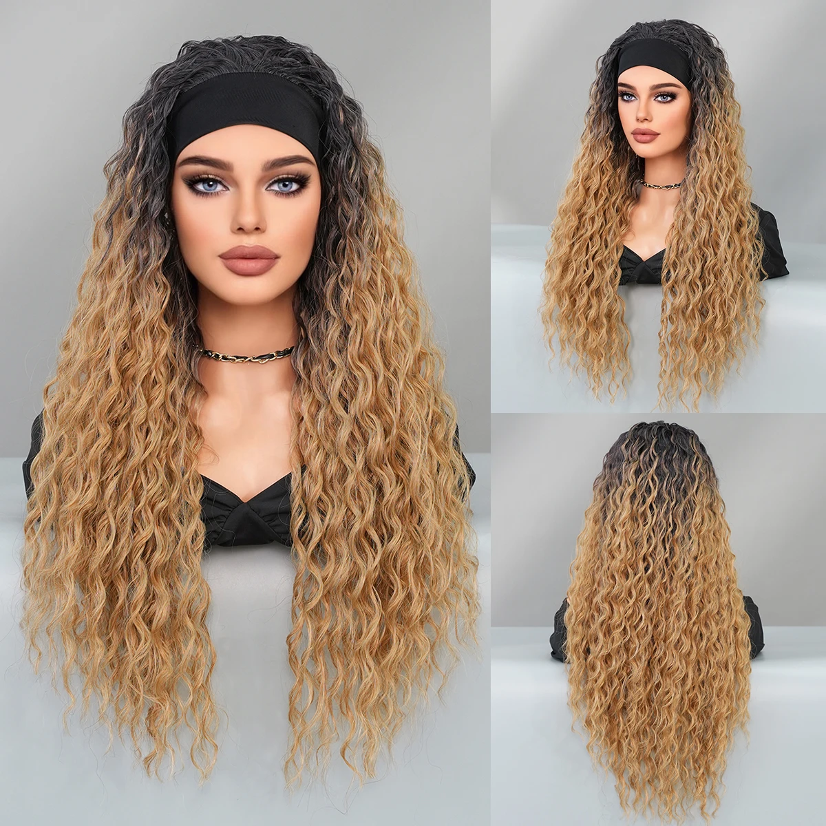 Headband Wig Synthetic Hair Straight 28 Inch for Black Women Glueless None Lace Front Hair Machine Made Wigs Natural Black 150%