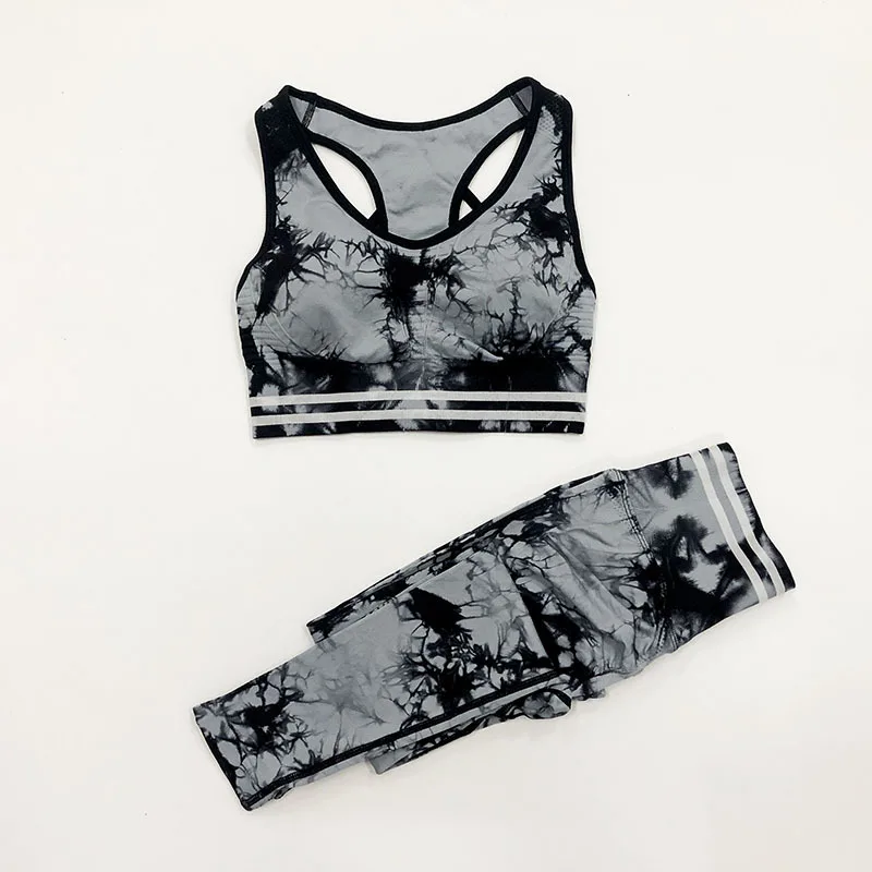 Knitted Fashion Slim High Quality Suit Wear Spandex/Nylon Tie Dye American Sport Bra Top Fitness Stripe Yoga Sets