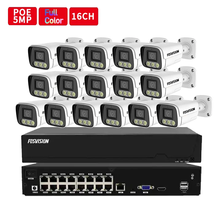 fosvision 265 16ch  POE NVR KIT 5MP outdoor Waterproof color vu bullet IP Camera CCTV Surveillance systems home security