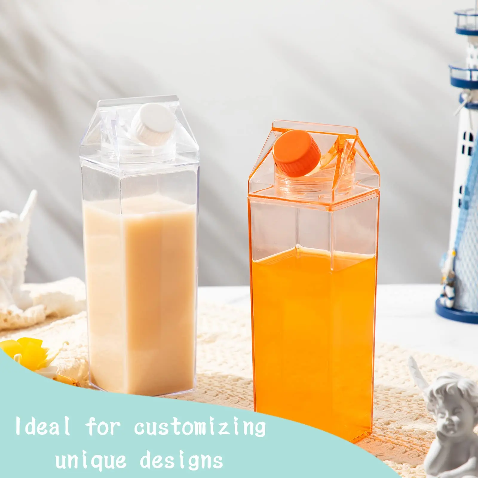 500/1000ML Clear Milk Carton Water Bottles Bulk Plastic Square Milk Bottles Portable Reusable Milk Box Leakproof Cup for Outdoor