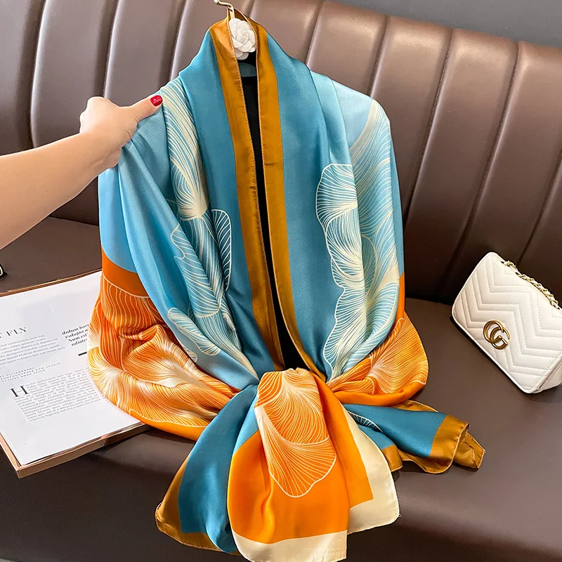 Wholesale elegant flower pattern print silk scarf for lady luxury soft imitation silk scarf women hijabs sunscreen shawls stoles