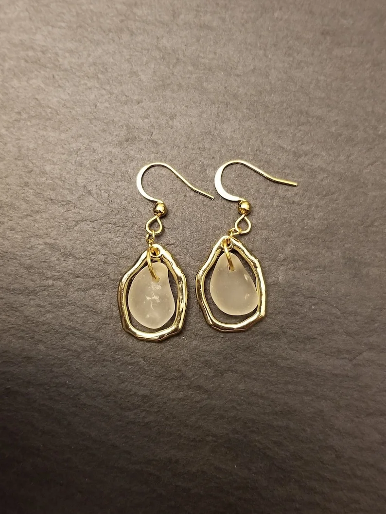 White Sea Glass Earrings Dangle Drop Natural Gift Jewellery Summer
