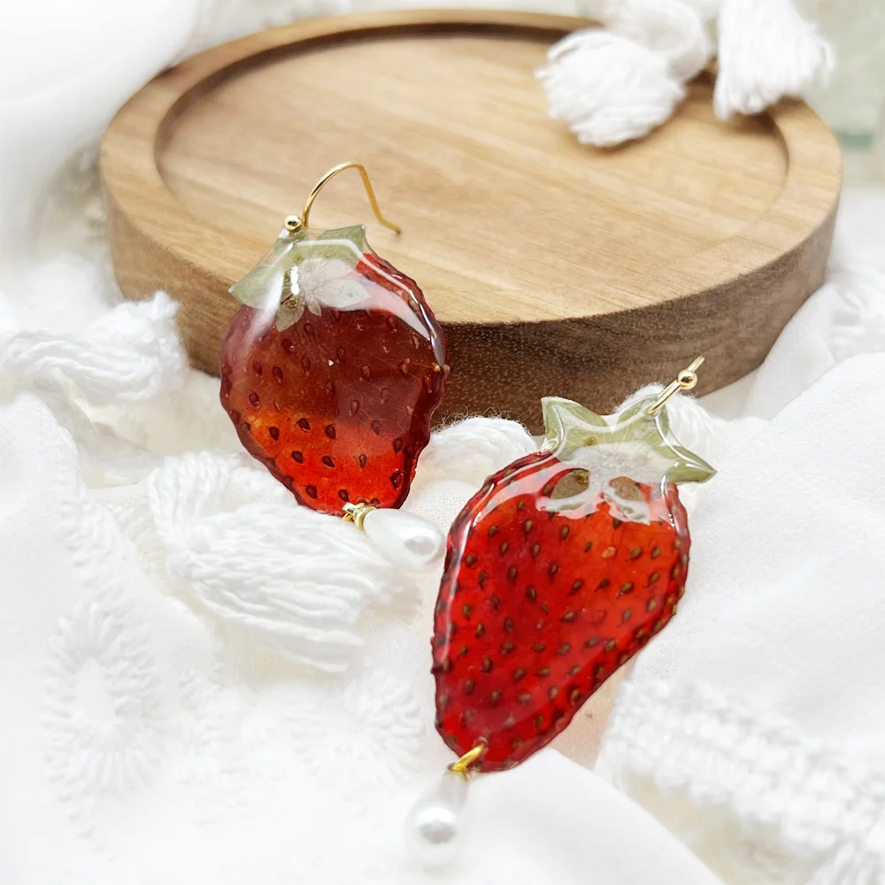 bohemian women fine jewelry 18k gold stainless steel handmade strawberry and pearl drop earrings lovely jewelry