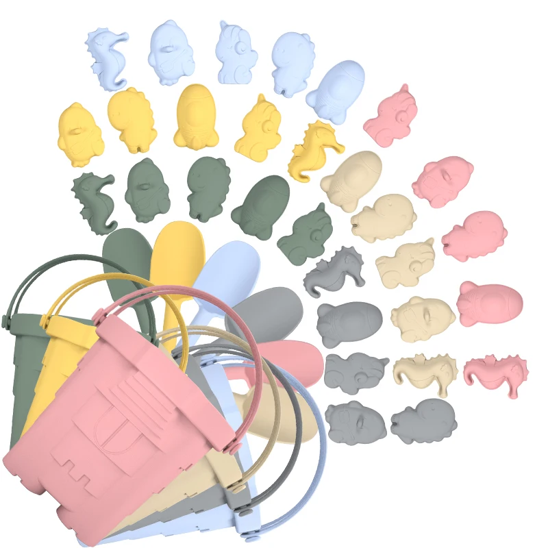 Kids Travel Sand Toy Set Castle Beach Toys Collapsible Beach Bucket Shovel Accessories Silicone Beach Toys