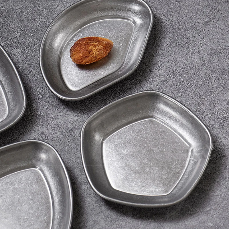 Mini Irregular Shaped Grey Vintage Stainless Steel Seasoning Dish Sushi Soy Sauce Coffee Bean Cooling Tray