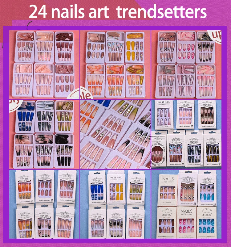 24PCS Fake Nails Medium Length Colorful Press on Nails Almond Acrylic Full Cover False Nails for Women and Girls