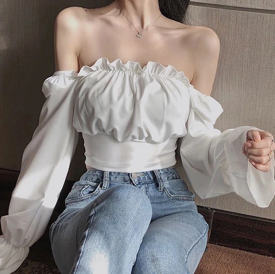 Wholesale Long Sleeve Party Club Shirts Female Streetwear Chiffon Women Top White Crop Top