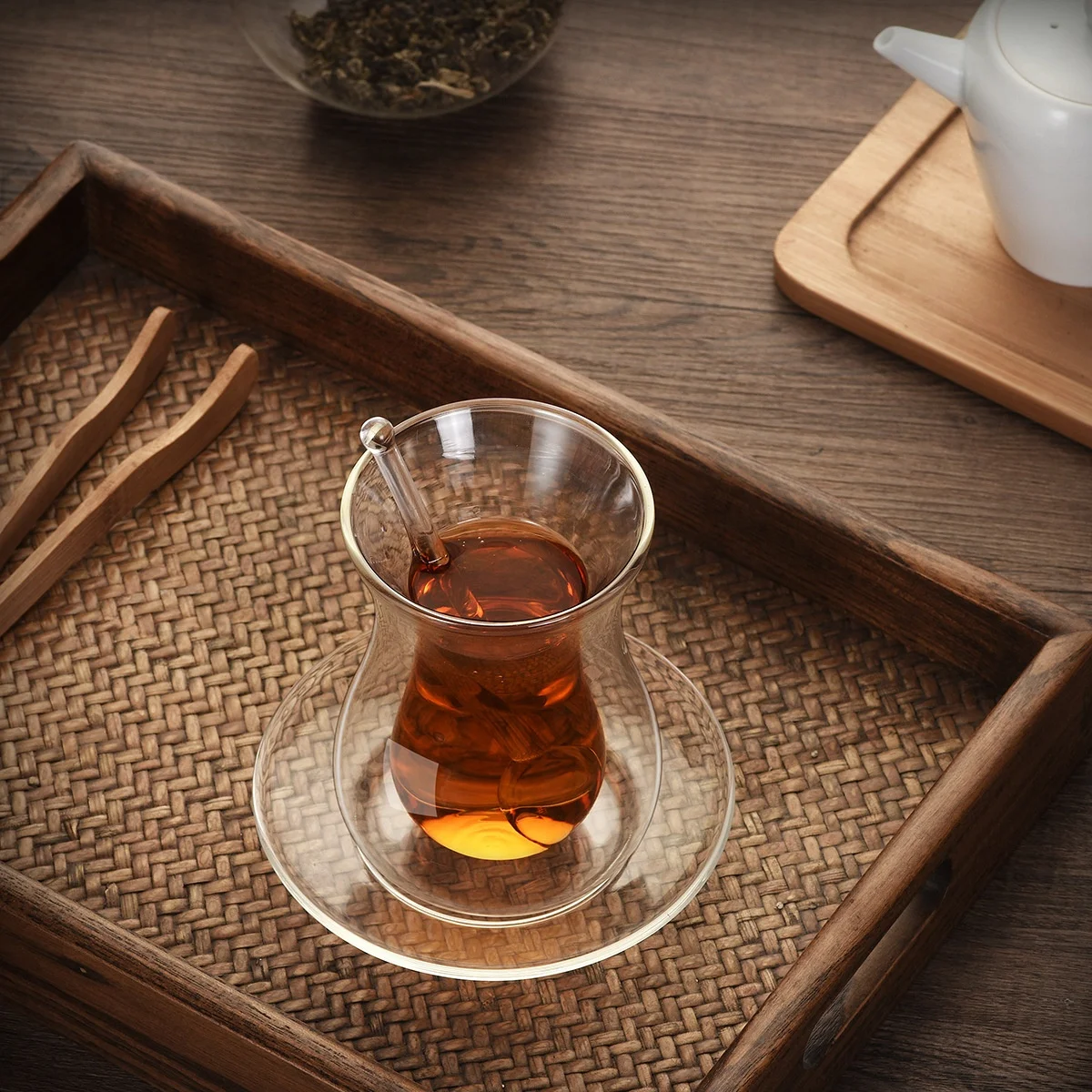 Saucer with glass spoon coffee cup set insulated double tumbler clear small Turkish teacup for home use