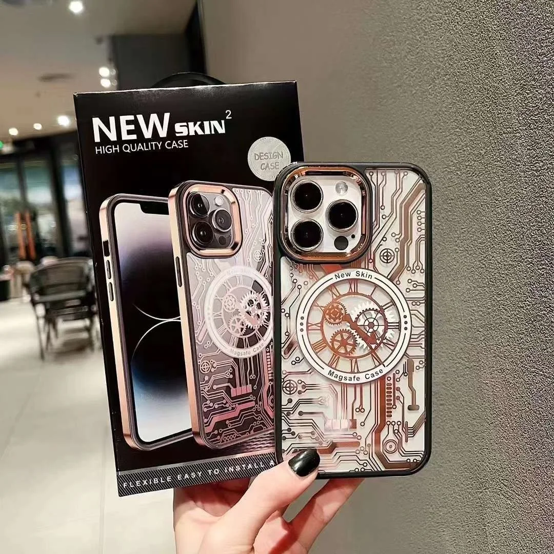 New Skin 2 Phone Case Circuit Board Design For iPhone 12 13 14 Pro Max Cool Clear Electroplate Magnetic Shockproof Case Cover